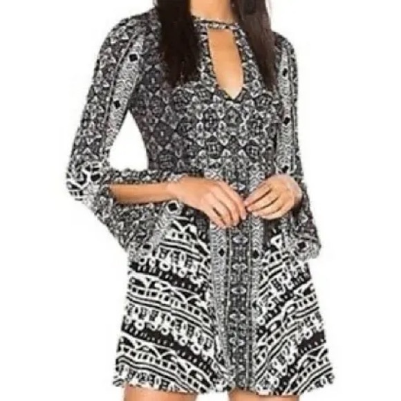 Free People Tegan Border Print Mini Dress Black & White Boho | Size 2 - Picture 2 of 5